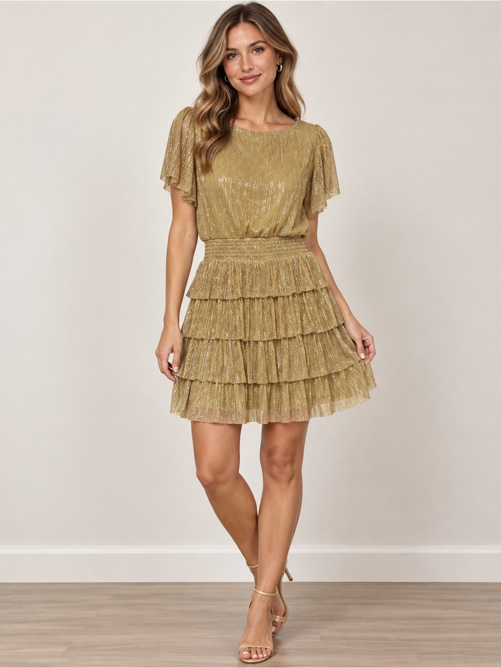 Chaus Gold Metallic Tiered Ruffle Mini Dress